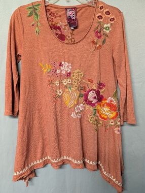 Johnny Was Embroidered Scoop Neck Tunic Top - Terracotta Size XS